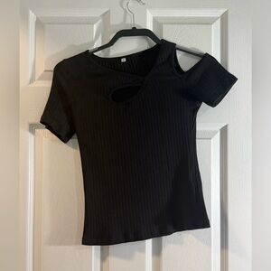 Black Ribbed Cut-Out Top